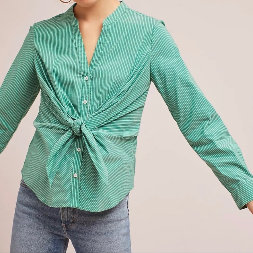 ANTHROPOLOGIE Maeve Katherine Knotted Button Down Stripes Blouse Top